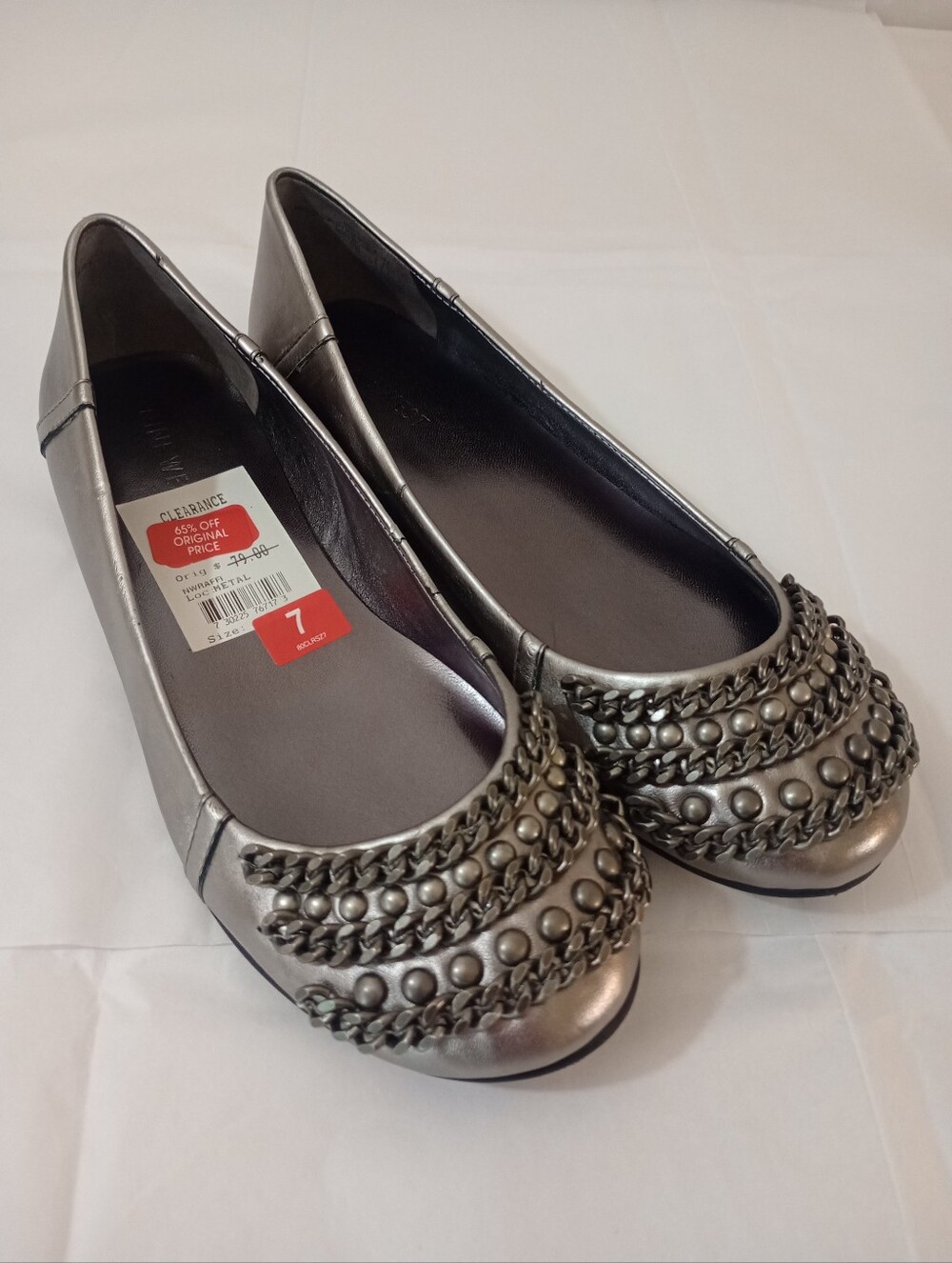 Nine West Metallic Silver Chain-Embellished Ballet Flats
